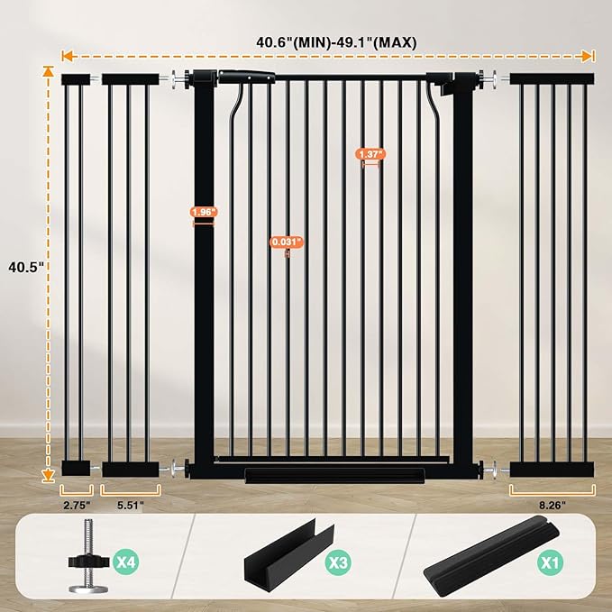40.5" Extra Tall Baby Gate for Doorways, 40.6"-49.1" Extra Wide Pet Gate No Drill, 1.37" Narrow Space Puppy Dog Barrier Indoor, Metal Safety Child Gate for Stairs Hallway Black