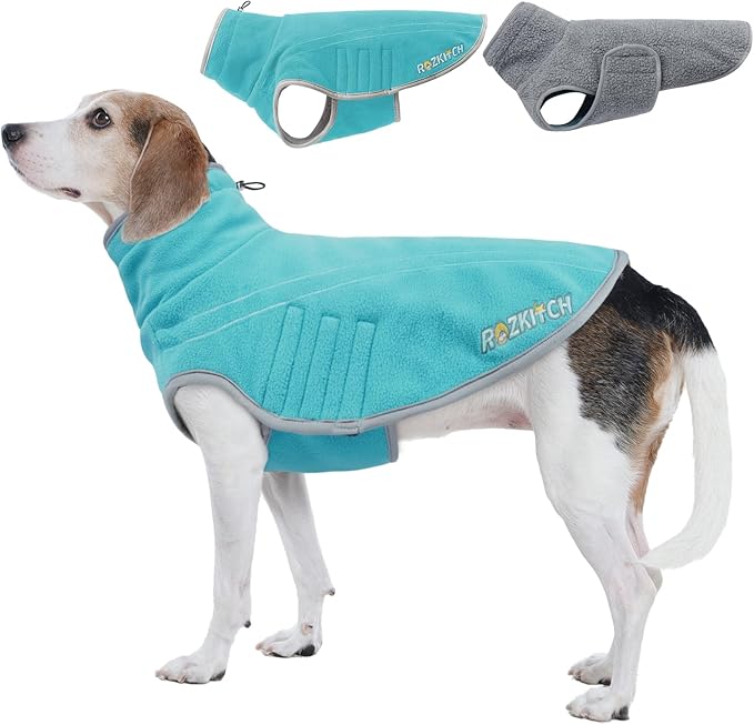 ROZKITCH Reversible Fleece Lined Dog Coat Super Warm Fleece Sherpa Sweater with Embroidery, Adjustable Double-Sided Plush Sweatshirt for Small Medium Breeds Bluegreen XL
