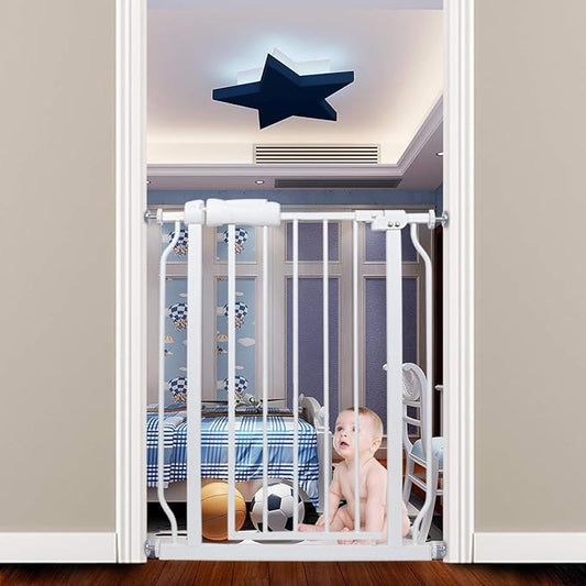 Narrow Baby Gate 24 Inch for Small Dogs - White Tension Indoor Safety Auto Close Walk Through Metal Gate for House Doorways Stairs (24.02"-27.56"/61-70CM)