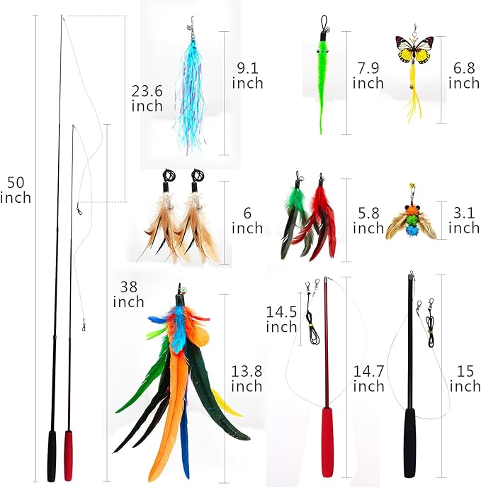 Cat Toys Interactive for Indoor Cats, 2PCS Ultra-Long Teaser(50"+38")+9PCS Da Bird Feather Refills, Fishing Pole Toy,Retractable Cat Wand Toy and Feather Toys Refills Attachment Replacement