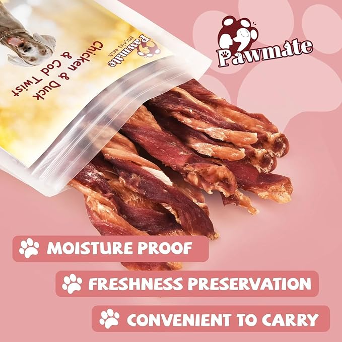 Dog Jerky Treats, Triple Flavor Chicken Duck Wrapped Cod Twisted Sticks 5'', Rawhide Free Grain Free Dog Training Snacks Chews for Small Medium Large Dogs, 10.6oz