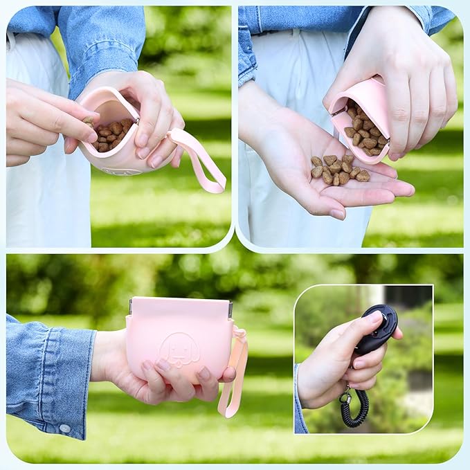 WALLFID Silicone Dog Treat Pouch Small Bag,Auto Closure,with Pet Training Clicker,Walking Bag for Dog and Cat,Pocket Size,Easy to Clean,Odorless,Travel Walking Bag (Pink)