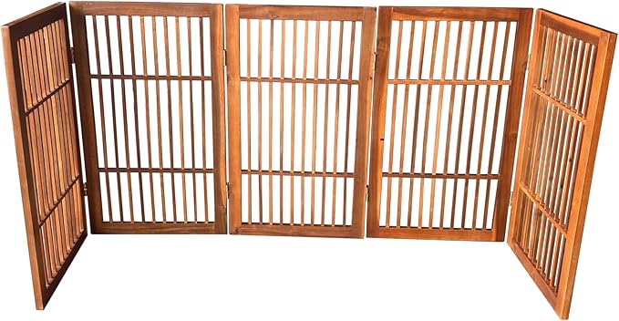 Pet Dog Gate Strong and Durable Freestanding Folding Acacia Hardwood Portable Wooden Fence Indoors or Outdoors by Urnporium (Brown Pet Gate, 5 Panel 30" Tall)