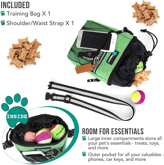 PetAmi Dog Treat Pouch, Pet Treat Pouch for Training, Dog Walking Bag Holder for Kibbles, Pet Food Toy, Dog Trainer Essentials Supplies, Poop Bag Dispenser, 3 Ways to Wear (Green)