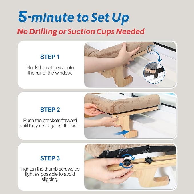 Zakkart Cat Perch for Window Sill with Bolster - Orthopedic Hammock Design with Premium Hardwood & Robust Metal Frame - Cat Window Seat for Large Cats and Kittens - Natural Color Wood with Brown Bed