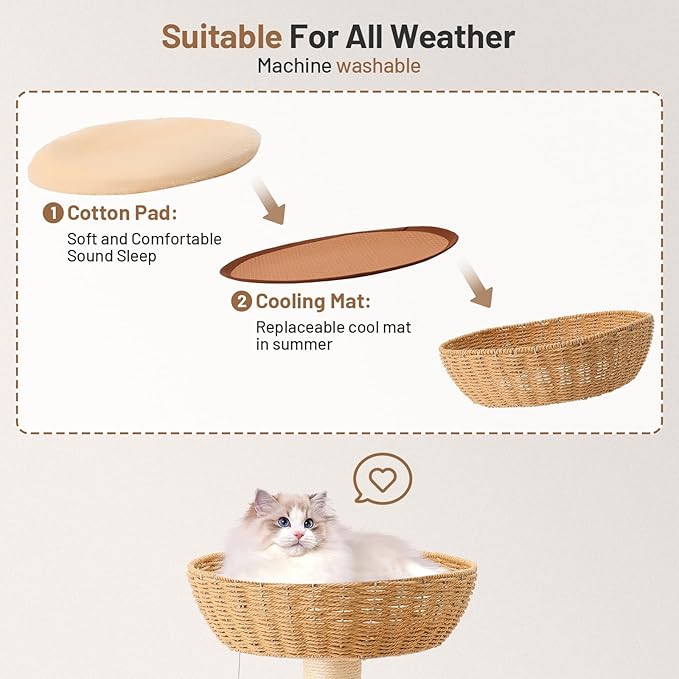 Rattan Cat Tree House with Scratching Post,Wicker Basket,Bed,and Stand Modern Cat Climbing Tower Condo for Indoor Large Adult Cat