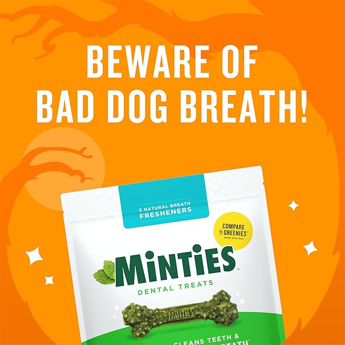 Minties Dental Chews for Dogs, 60 Count, Vet-Recommended Mint-Flavored Treats for Medium Dogs 25-50 lbs, Bones Clean Teeth, Fight Bad Breath, and Removes Plaque and Tartar