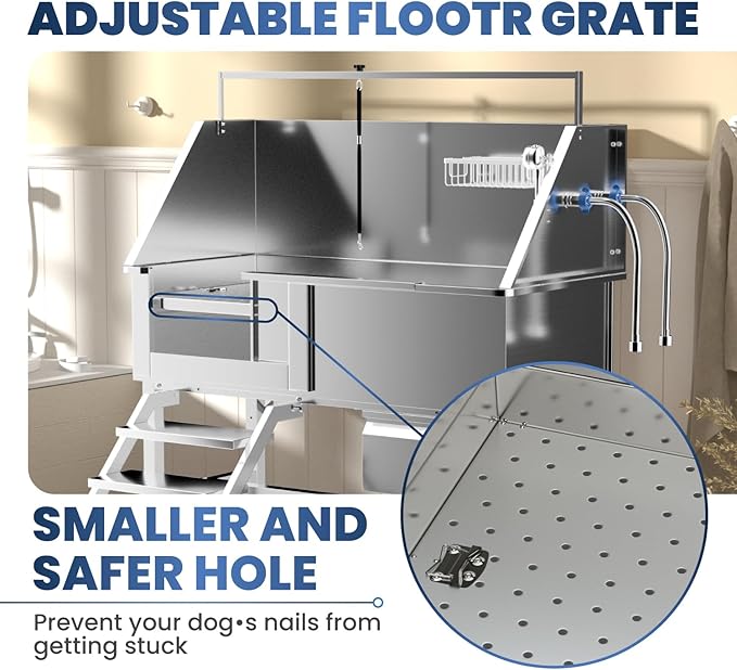 46" Dog Washing Station for Home,Stainless Steel Professional Dog Bathing Station Height Adjustable D og Grooming Tub Ramp, Drawer, Floor Grate & Fauct (L Stair)