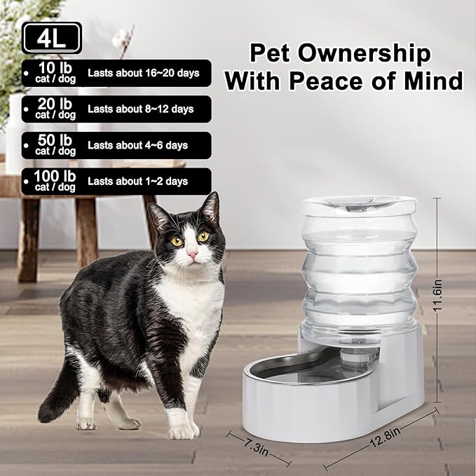 RIZZARI Gravity Water Bowl Dispenser: 4L Automatic Stainless Steel Water Feeder Without Filter - White Pet Waterer for Senior Dogs with Spine Problems - in Bedroom Garden