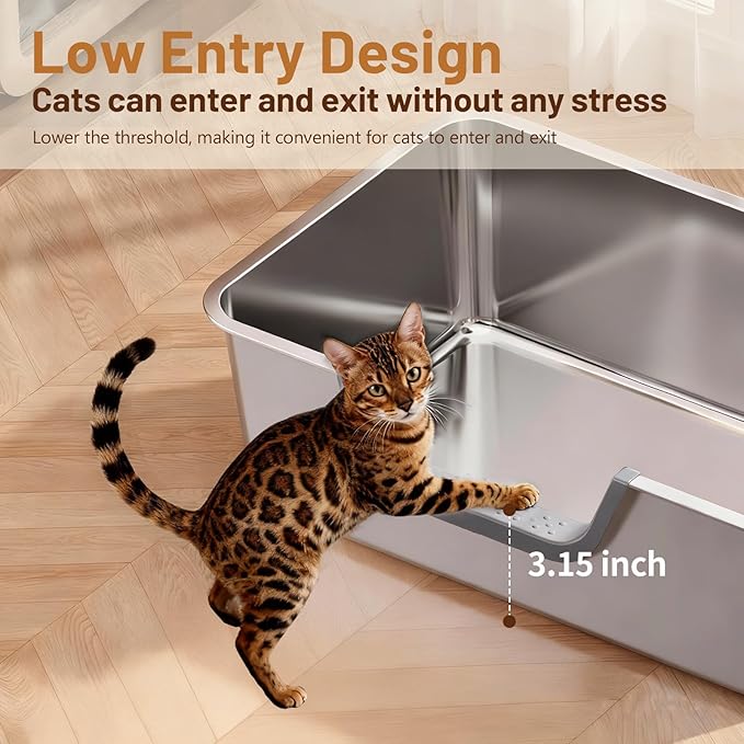 Stainless Steel Cat Litter Box, Large Metal Cat Pan Box, 6 Inch High Sides Low Entry Kitten Litter Boxes, Litter Pan for Older Cats, Easy Cleaning, Non Stick, No Smell, 17.7" x 13.8", Gray