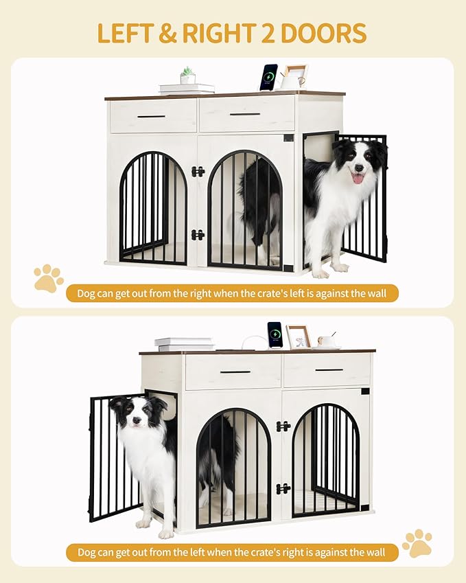 39.4'' Large Dog Crate Furniture with 2 Storage Drawers, Heavy Duty Dog Kennel Indoor with Charging Station, Wooden Dog Cage End Table Kennel for Medium/Large Dogs, White Brown DFC84214B