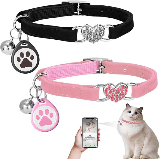 2-Pack Heart Bling Cat Collar with Safety Belt and Bell Adjustable 8-13 inches for Kitten,Personalized Cat Collar with QR Code Smart ID tag, Pet Name and Phone Number on line,NO app(Black & Pink)
