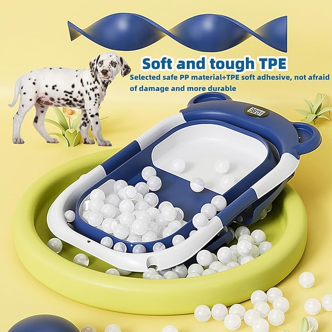Collapsible Dog Bathtub with thermometer, suitable for dogs and cats - Portable and foldable dog bathtub with drain plug - Space-saving dog bathing basin and multi-purpose laundry/storage basket(Blue)