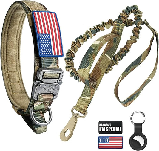 Tactical Dog Collar and Bungee Leash, Camo Military Dog Collar & Leash Set with USA American Flag Adjustable K9 Collar with Heavy Duty Metal Buckle & Handle,with Patches and Airtags Case (L, Camo)