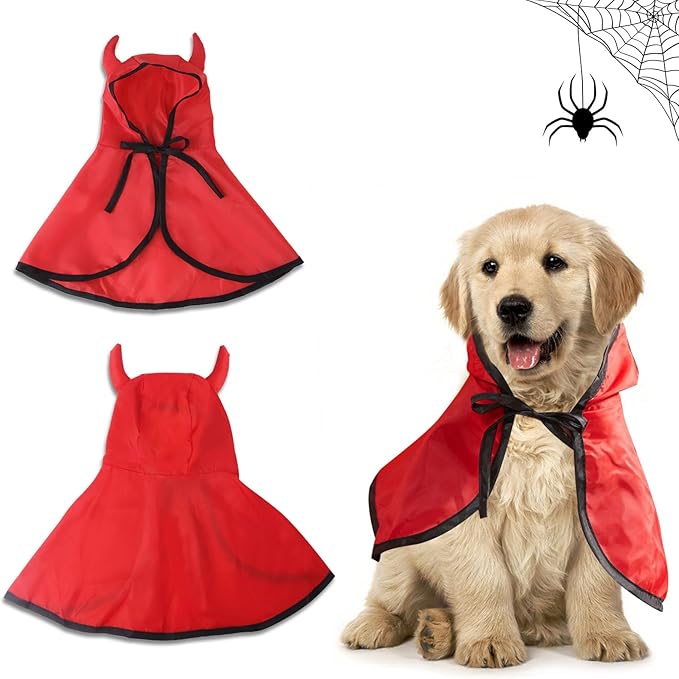 Threetols Pet Vampire Cloak Cape Costume Clothes, Adjustable Red Black Pets Devil Accessories Outfit Decor Cowl for Small Cats Dogs Animals Halloween Party Pets Cosplay