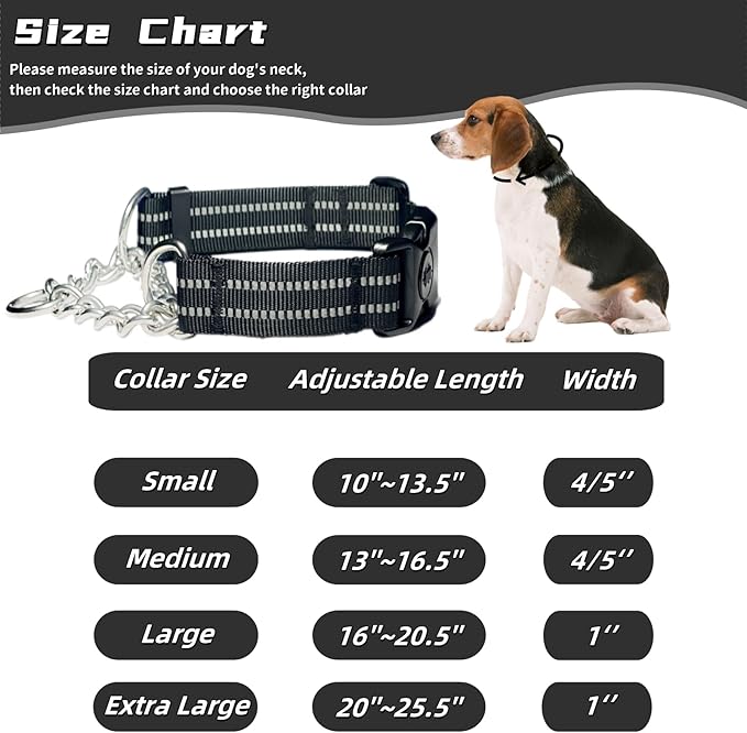 Martingale Dog Collars, Reflective Nylon Collar with Stainless Steel Chain, Adjustable Walking Training Dog Collars with Quick Release Buckle, Suitable for Small Medium Large Dogs(Black,S)