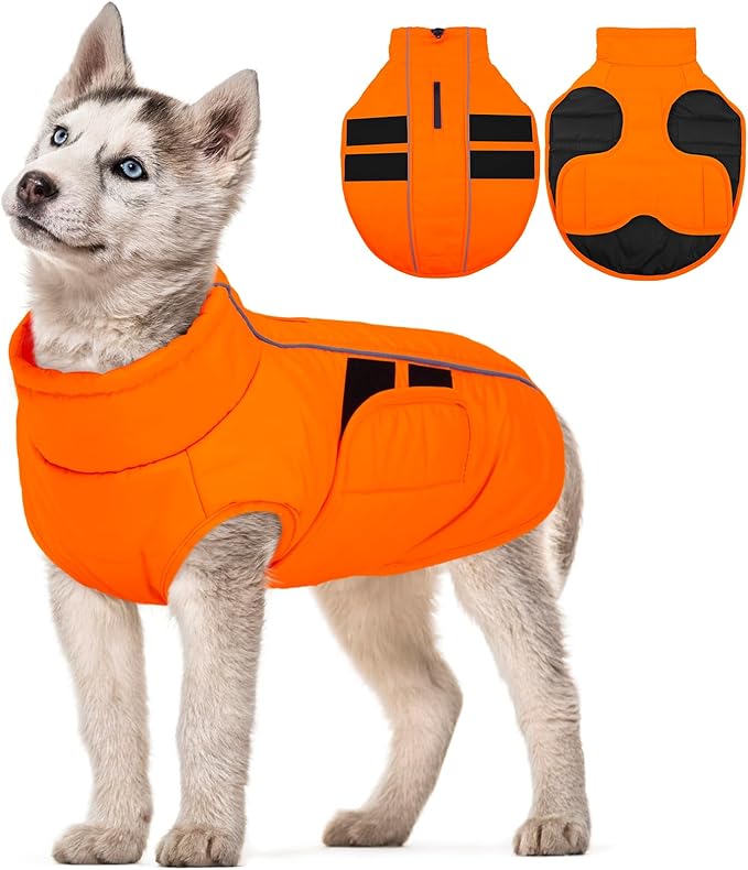Kuoser Dog Jacket, Winter Dog Coats for Medium Dogs, Reflective Doggie Cold Weather Coats Pet Clothes, Puppy Snow Jacket for Frech Bulldog, Boston Terrier, Orange M
