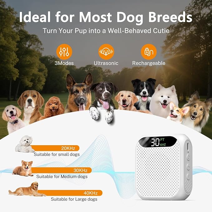 Anti Barking Devices - 30FT Effective Range, 3 Adjustable Modes, 2025 Upgrated Rechargeable Ultrasonic Dog Bark Deterrent - Suitable for All Large & Small Dogs