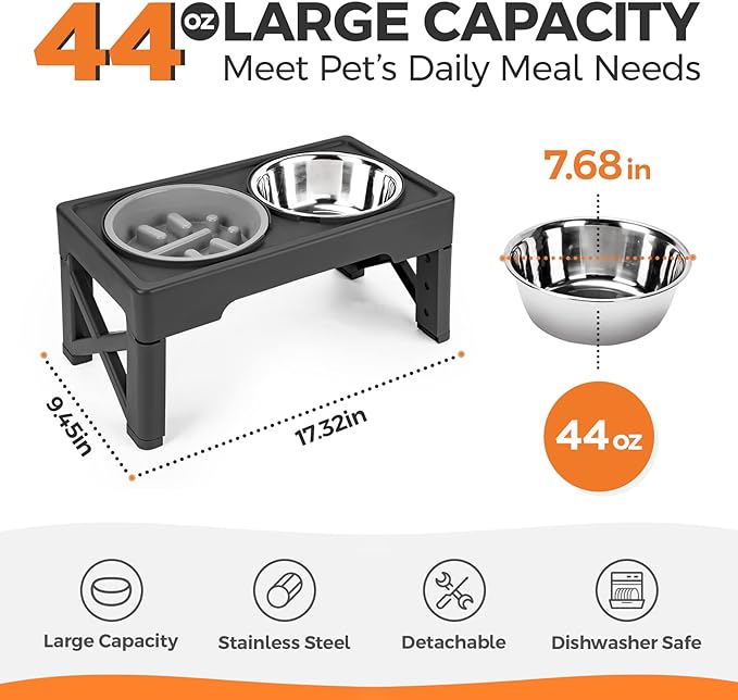 Elevated Dog Bowls with Slow Feeder, 4 Adjustable Heights Raised Dog Bowl Stand with Two 1.3L Stainless Steel Food & Water Bowls, Adjusts to 2.8”, 8.6”, 10.2”, 11.8” for Large Medium, Small Dog & Cats