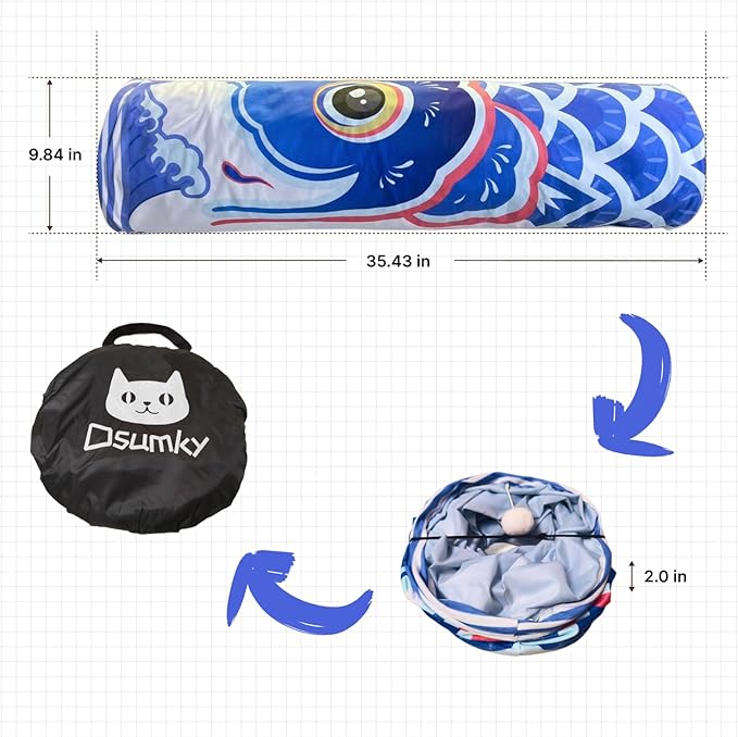Cat Tunnel for Indoor Cats Interactive, Collapsible Tube for Cats Kittens Rabbits Puppies Crinkle Pop Up,10'' Dia, 36'' L,Blue