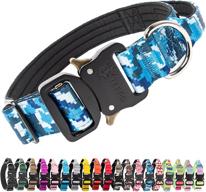 TSPRO Premium Dog Collars Tactical Dog Collar with Handle and Heavy Duty Quick-Release Metal Buckle Durable Thick and Adjustable for Medium to Large Dogs (Camo Blue M)