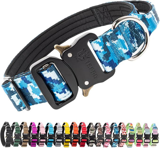 TSPRO Premium Dog Collars Tactical Dog Collar with Handle and Heavy Duty Quick-Release Metal Buckle Durable Thick and Adjustable for Medium to Large Dogs (Camo Blue M)