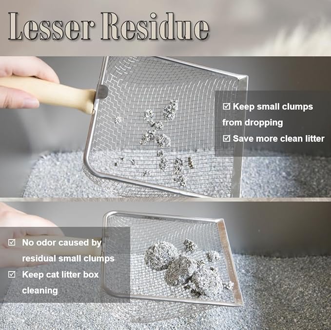 Fine Cat Litter Scoop, Stainless Steel Mesh Scooper, Kitty Metal Scooper for Litter Box Kitten Pooper, Wide Rabbit Poop Lifter with Beech Handle