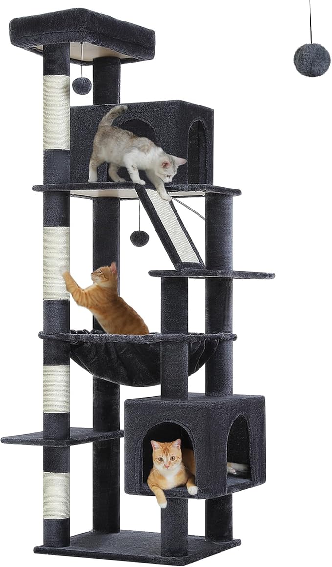 71 Inch Tall Cat Tree for Indoor Cats Large Adult, Multi-Level Cat Tower with Extra Large Hammock, 2 Cat Caves, Spacious Top Perch, Scratching Pad, Dark Grey