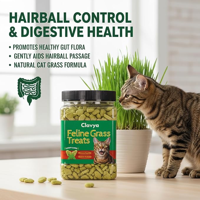 Feline Grass Treats, Cat Grass Treats for Indoor Cats, Lickable Cat Treat Hairball Control, Crunchy Training Biscuits for Cats Supports Skin & Coat