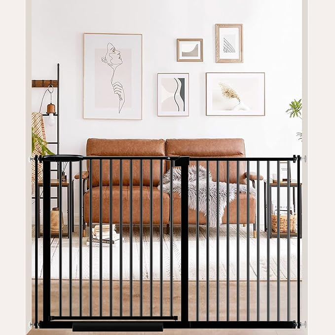 DEARBB Extra Wide Baby Gate Ultra Narrow Spacing 30.11-73.42" Pressure Mounted Double Lock Swing Auto Close Walk Through Metal Safety Pet Gate for Stairs and House Doorway Kitchen,Black 49.8-53.74"