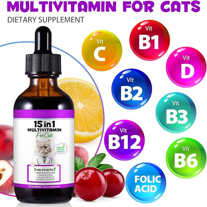 Cat Multivitamin,15 in 1 Cat Vitamins Liquid Drops Supplements for Heart Health, Bones, Joint, Skin & Coat, Bladder, Immune System Support 60ml-2pcs