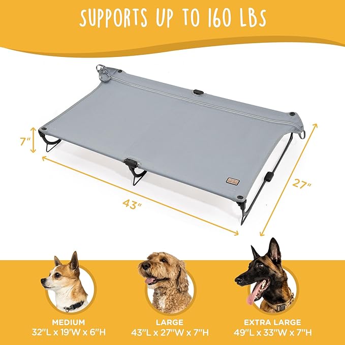 Daisy Cot, Large Foldable Elevated Dog Bed, Portable Raised Outdoor Folding Dog Cot, Cooling, Chew Proof, Waterproof, Heavy Duty Up to 160 lbs for Camping/Home, Grey, 43"x 27"x7"