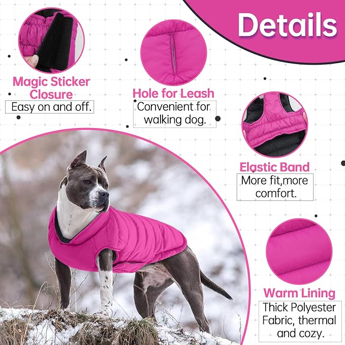 Lelepet Reversible Dog Coat Waterproof Dog Jacket Windproof Puffer Vest for Winter Warm Lightweight Coats for Large Dogs Adjustbale Hook & Loop Pet Apparel with Leash Hole, Pitbull, Rose Red, XL