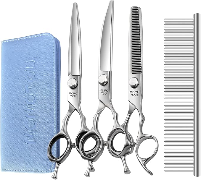 Dog Grooming Scissors Set 3 in 1 with Straight, Curved, Thinning Scissors and Comb Stainless Steel Dog Shears for Grooming Pets and Cats,Sharp and Durable
