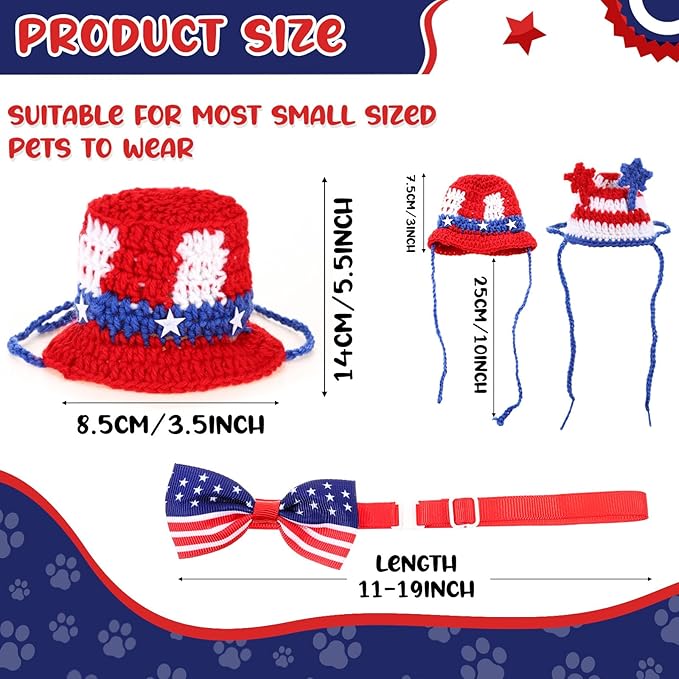 Ganeen 4 Pcs Independence Day Cat Costume 4th of July Pet Hat Headband American Flag Bow Tie Dog Cap USA Small Animal Top Hats National Day Bowtie Collar Costume for Rabbits Kittens Guinea Puppies
