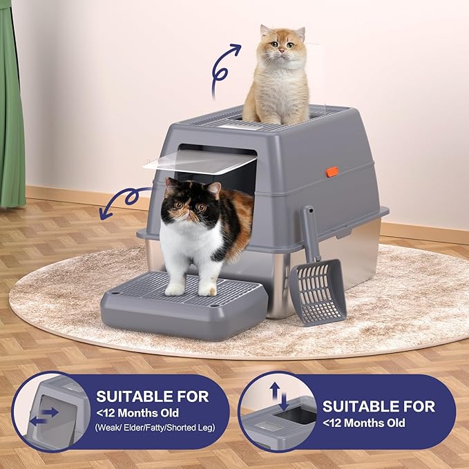 XXXL Stainless Steel Litter Box with Lid，Extra Large 28"L*20"W*18.1"H Metal Cat Litter Boxs,Jumbo Enclosed Removable Litter Box High Sides For Big Cats,with Cat Litter Scoop, Leak-Proof, Easy to Clean