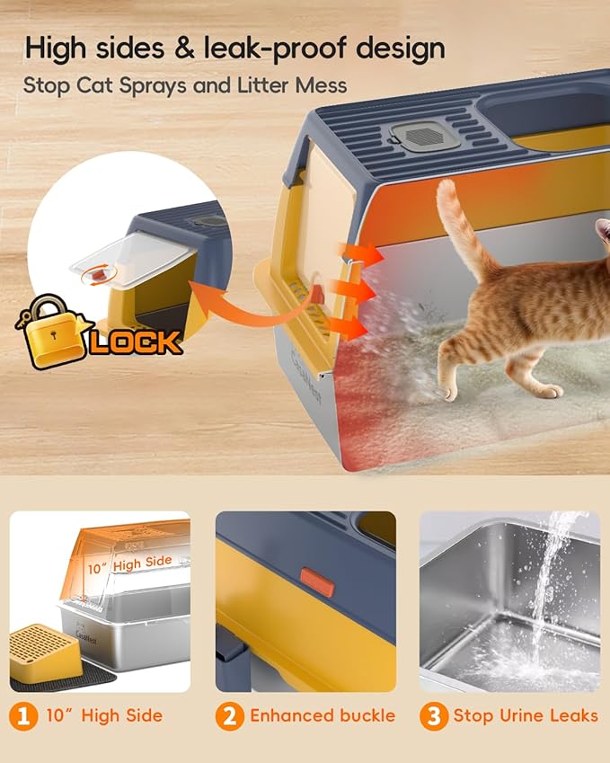3-in-1 Stainless Steel Cat Litter Box with Lid, Enclosed Top Entry Metal Litter Box for Large Cats, Non-Stick & Odor Control, Leak-Proof, Easy Cleaning for Multi-Cat Home, Extra Large, Yellow
