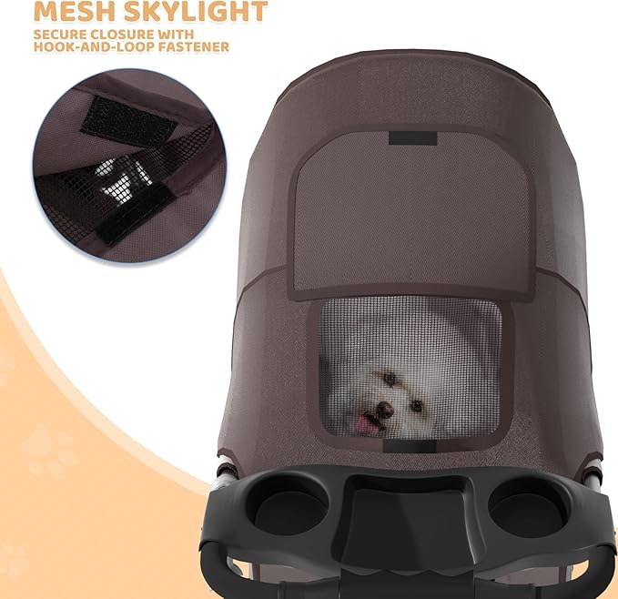Magshion 3-Wheel Pet Stroller, Foldable Travel Jogger for Small & Medium Dogs & Cats (Up to 33lbs), Lightweight Carrier with Breathable Mesh Cover, Cup Holder & Storage Basket, Coffee