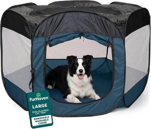 FurHaven Portable Pet Playpen for Dogs & Cats, Large Indoor Kitten Playpen with Mesh Sides, Foldable Dog Playpen for Small Dogs, Pop Up Travel Dog Pen, Large, Pet Crate with Mesh Sides, Sailor Blue