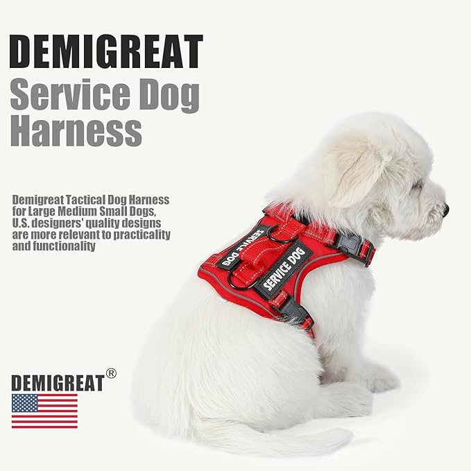 Demigreat Service Dog Harness, Reflective Dog Vest Harness with 5 PCS Patches, Adjustable Soft Oxford Pet Harness, Inner Layer Mesh, Easy to Control for Dogs (All-RED, Small (Pack of 1))