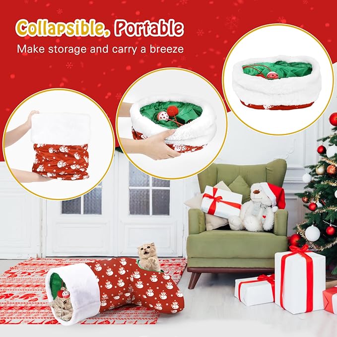 Pawaboo Cat Tunnel Christmas Sock with Bell Balls, Upgraded 2 Way Cat Tunnel Interactive Toy, Pet Xmas Stocking with Crinkle Paper & Strong Spring-Steel Frame for Cat Kitten Kitty, Red Snowman
