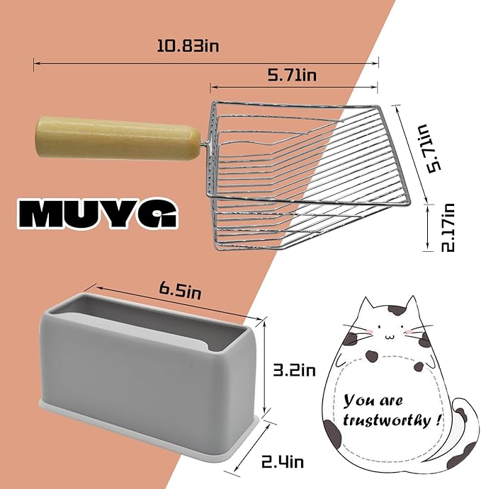 Metal Cat Litter Scooper with Holder,Stainless Steel Litter Scooper with Holder Heavy-Duty Cat Scoop Non-Stick Kitten Poop Deep Shovel for Kitty Box (Grey)