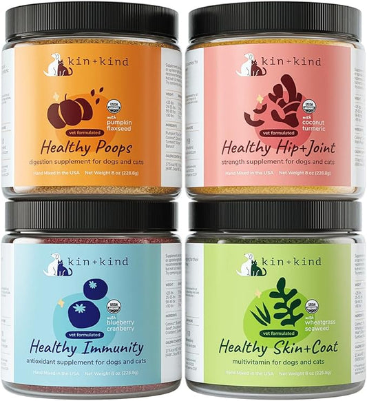 kin+kind Superfood Supplement Set for Dogs & Cats - Boost Immunity, Promotes Healthy Skin & Coat, Hip & Joint, Healthy Digestion - Made in USA - Superset (4 x 8 oz)
