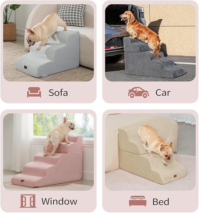 Made4Pets Dog Stairs Ramp for Small Dogs, 3-Step Dog Steps for Bed Couch Sofa and Chair, 35D Foam Pet Steps for Small Dogs and Cats, Non-Slip Bottom Pet Stairs, Pink