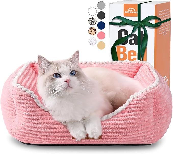 Cat Dog Bed for Pets, Rectangle Pet Bed Gift for Puppy and Kitten, Machine Washable Calming Fluffy Pet Couch Sofa for Indoor Outdoor, Portable Soft Cat Bed with Non-Slip Bottom (Small, Pink)