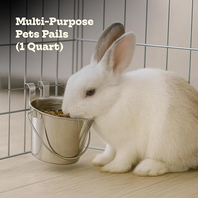 1 Quart Stainless Steel Flat Sided Pail with Dual Hooks | Hanging Bucket for Dog, Cat, Bird & Small Animals | Durable Food & Water Bowl Fits Kennels, Crates & Cages | Multipurpose Use