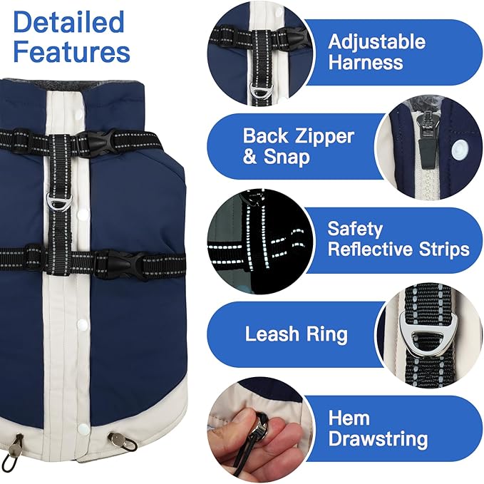 Turtleneck with Sleeves Dog Coats for Medium Dogs-L| Jackets with Reflective Harness Built in,Water-Repellent & Windproof Snowsuit,Soft Warm Lining for Beagle Cold Protection(Navy-Blue)