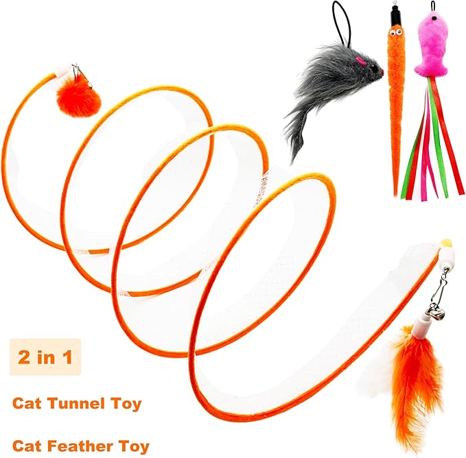 Self Play Cat Hunting Spiral Tunnel Toy, Folded Cat Spring Tunnel Toys for Indoor Cats (Orange)