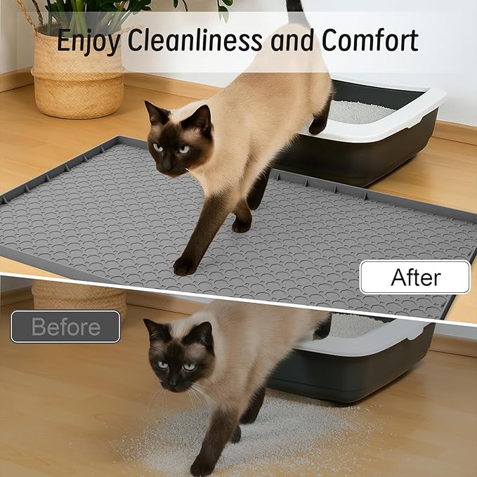 Silicone Large Cat Litter Mat 34" X 22", Cat Mat for Litter Box, Cats Litter Trapping Mat, Non-Slip and Waterproof, Raised Edges, Grey