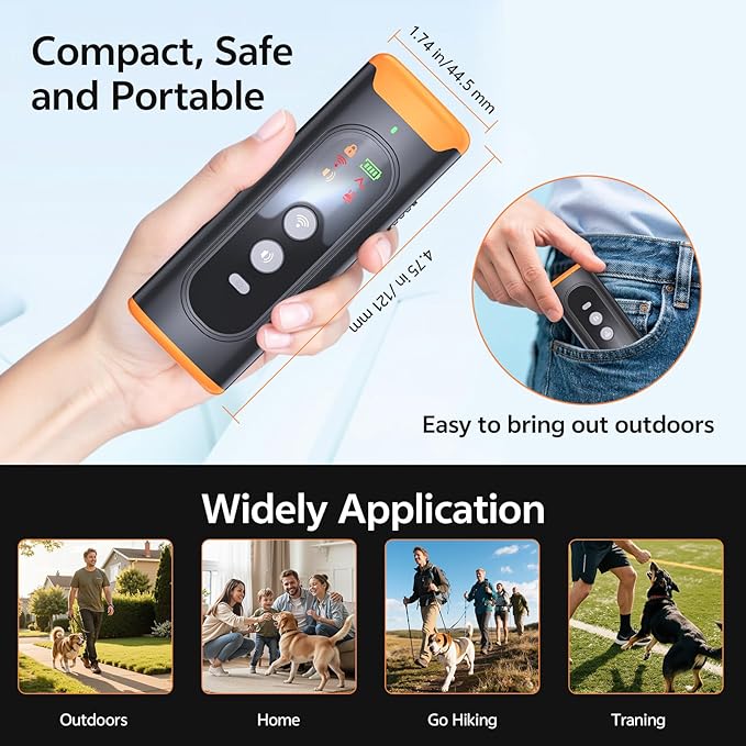 Dog Bark Deterrent Devices - Portable Anti Barking Tool with 5 Adjustable Modes: 50FT Range Ultrasonic Whistle, LED Flashlight, Beep, Rechargeable Dog Trainer, Safe for Dog & Human, Indoor Outdoor Use